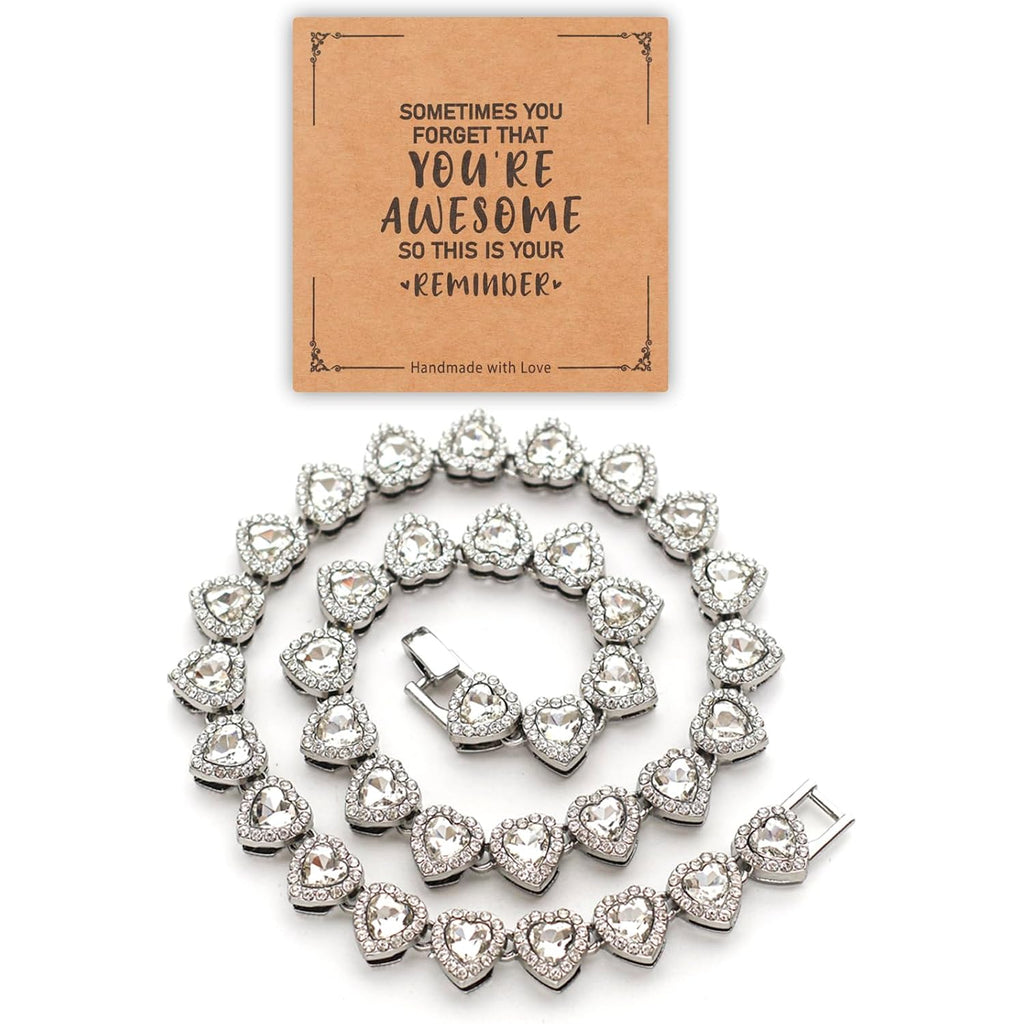 fasone Rhinestone Hearts Necklace, Iced Out Hearts Jewelry，Silver Tennis Necklace For Women，Tennis Necklaces For Women, Heart Tennis Necklace