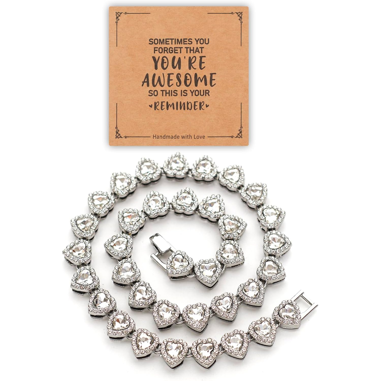 fasone Rhinestone Hearts Necklace, Iced Out Hearts Jewelry，Silver Tennis Necklace For Women，Tennis Necklaces For Women, Heart Tennis Necklace