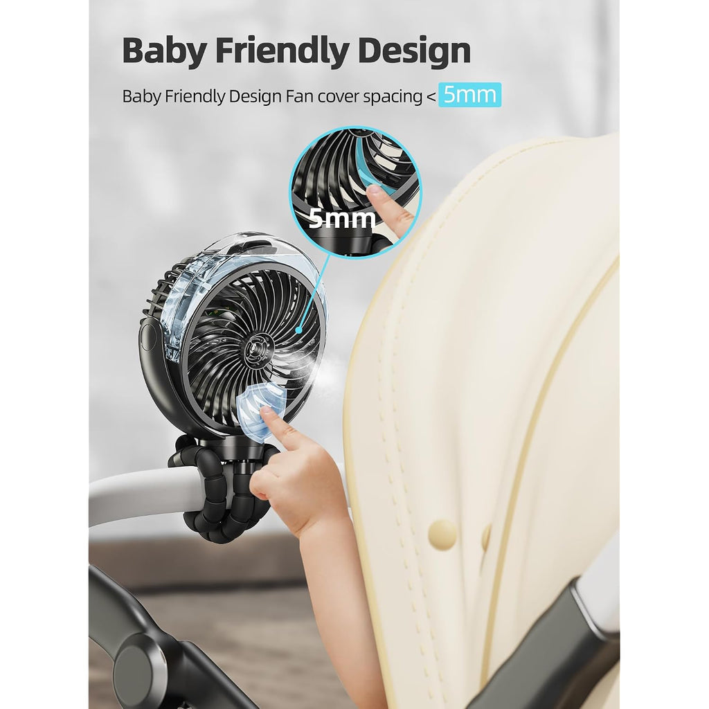 Misting Stroller Fan, 6000Mah Battery Operated Portable Fan With Light & 360° Pivoting, Personal Fans With Flexible Tripod For Baby, Office, Travel,Treadmill,Outdoors