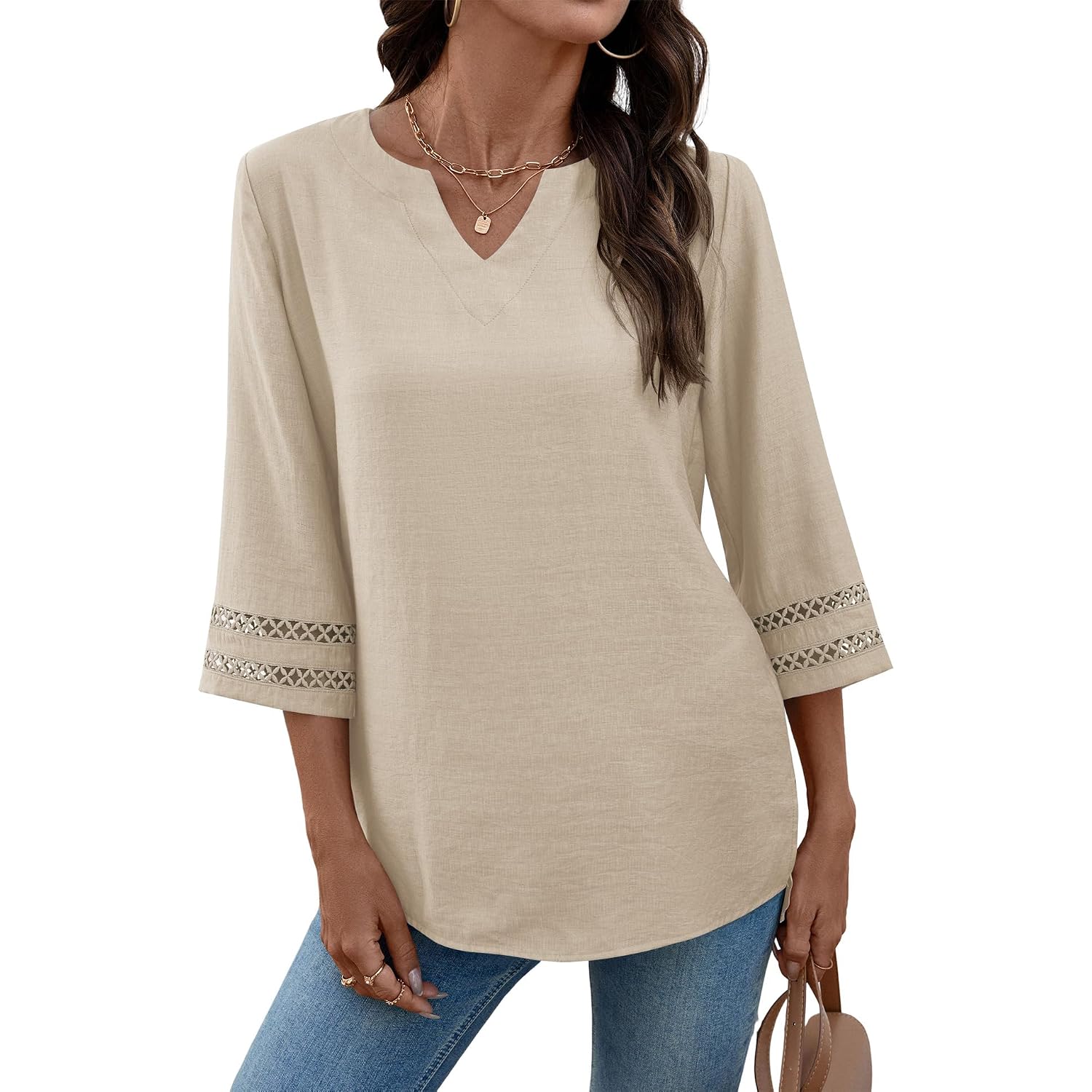 Lomon Womens 3/4 Sleeve V Neck Bohemian Blouses Casual Loose Fit Tunic Tops Vacation Clothes