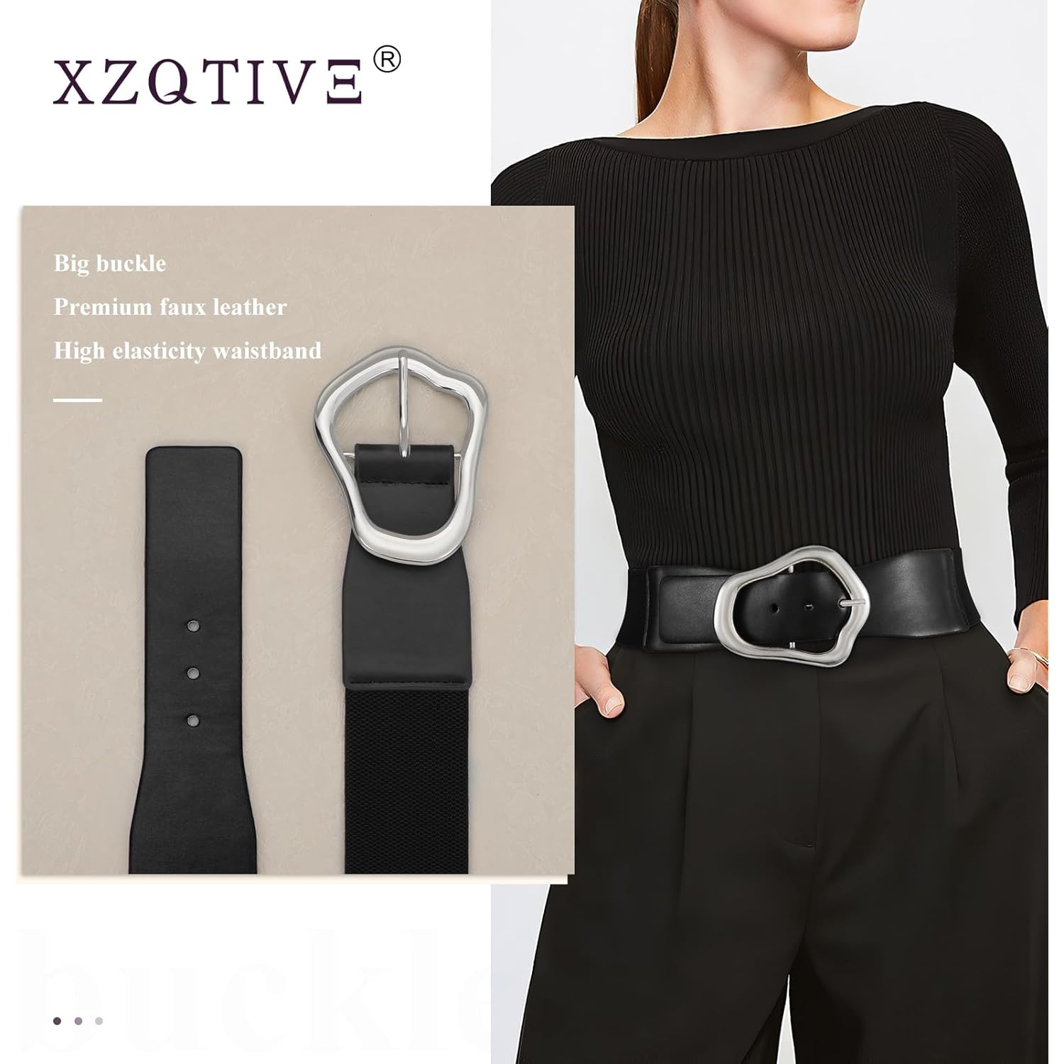 XZQTIVE Women Wide Elastic Waist Belt for Dresses Fashion Big Gold Buckle Stretchy Leather Waistband for Ladies