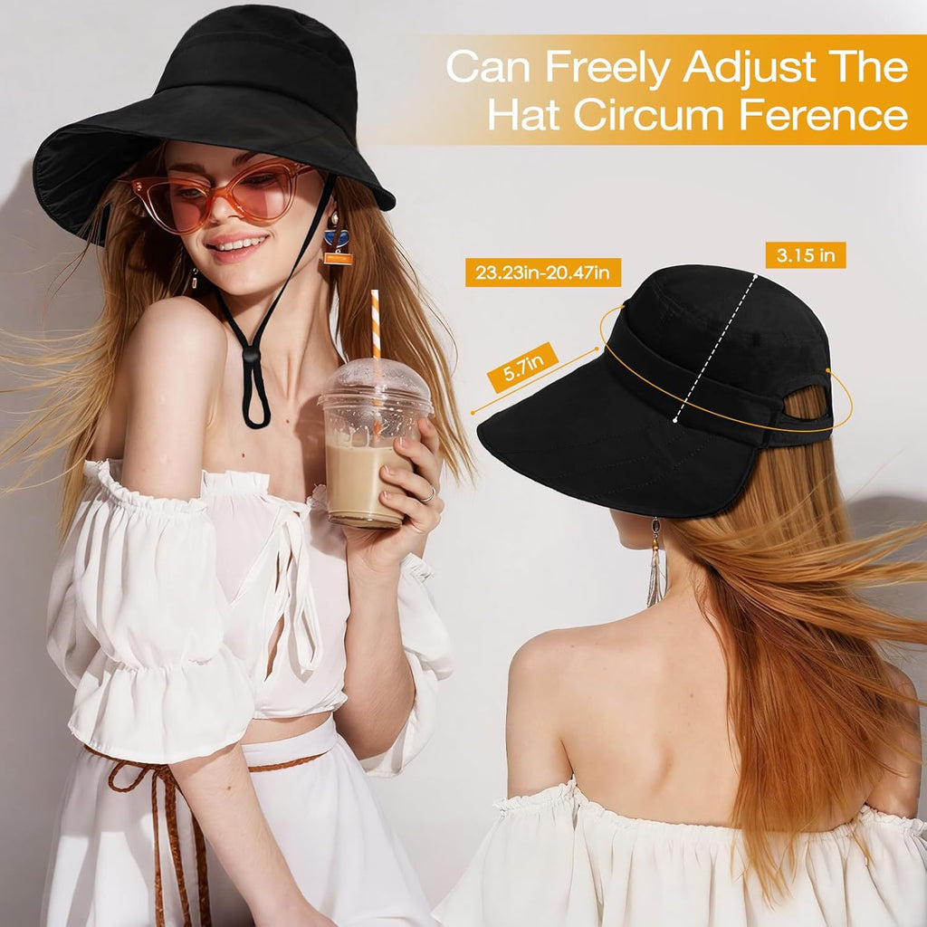 Pleneal Sun Hats for Women, UV Protection Wide Brim Ponytail Beach Hat Travel Packable Breathable Sun Hats UPF50+