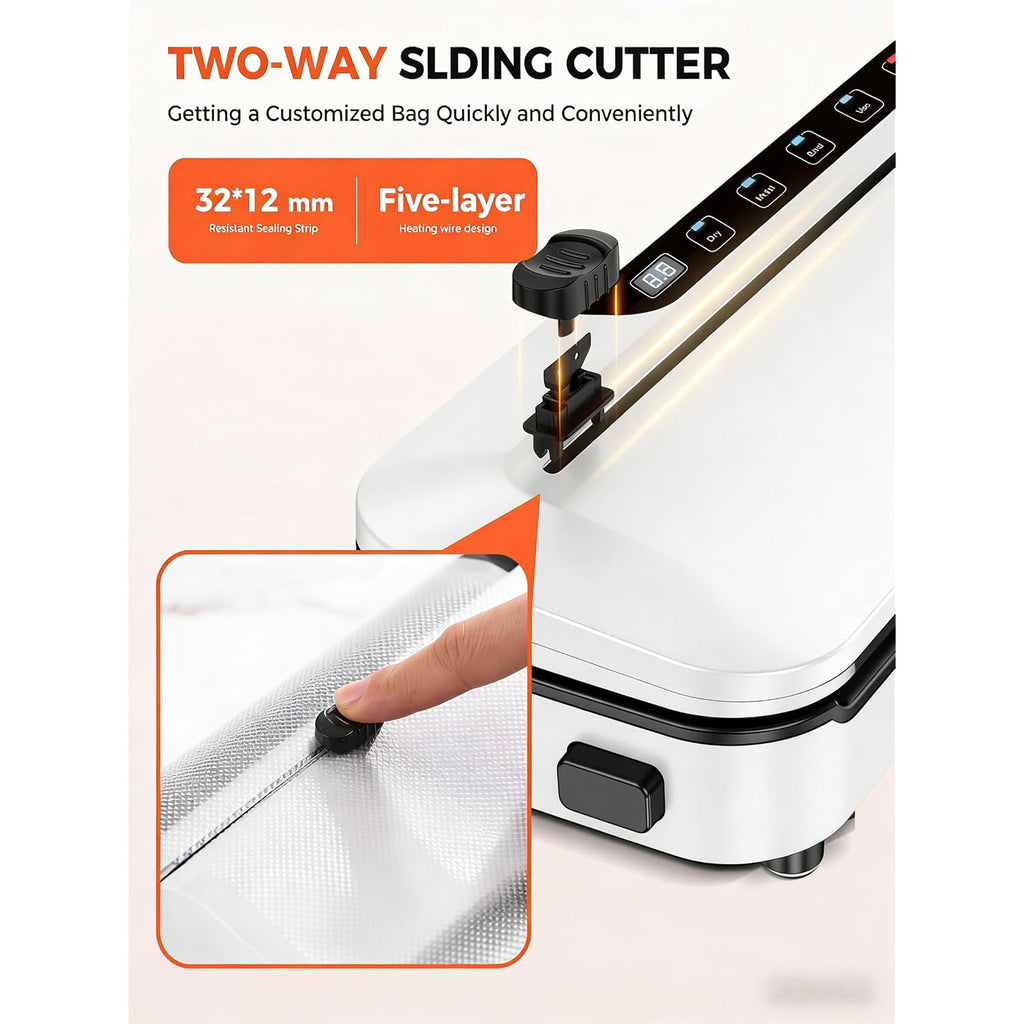Vacuum Sealer Machine 75Kpa Food With 6-In-1 Dry/Moist Modes & Digital Timer, Compact Lightweight Design, Built-In Cutter + 10 Bags (White)