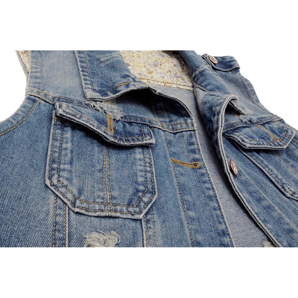 Womens Denim Jean Vest Classic Junior Button Up Cropped Distressed Sleeveless Jean Jacket