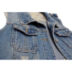Womens Denim Jean Vest Classic Junior Button Up Cropped Distressed Sleeveless Jean Jacket
