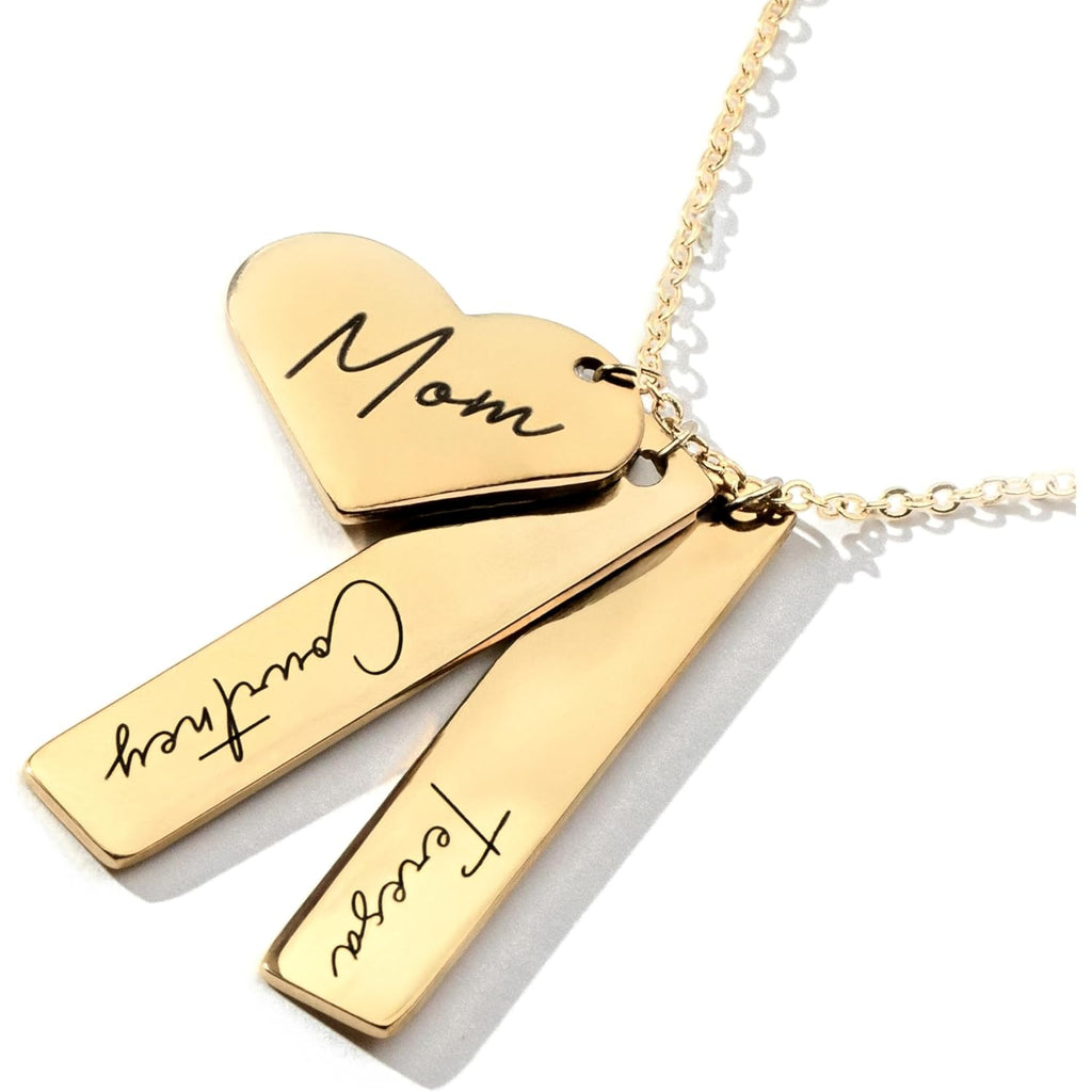 MignonandMignon Custom Name Bar Necklace with Heart Charm | Personalized Engraved Necklace for Women Gold Silver | Mom Necklace with Kids Names Mothers Day Birthday Gift