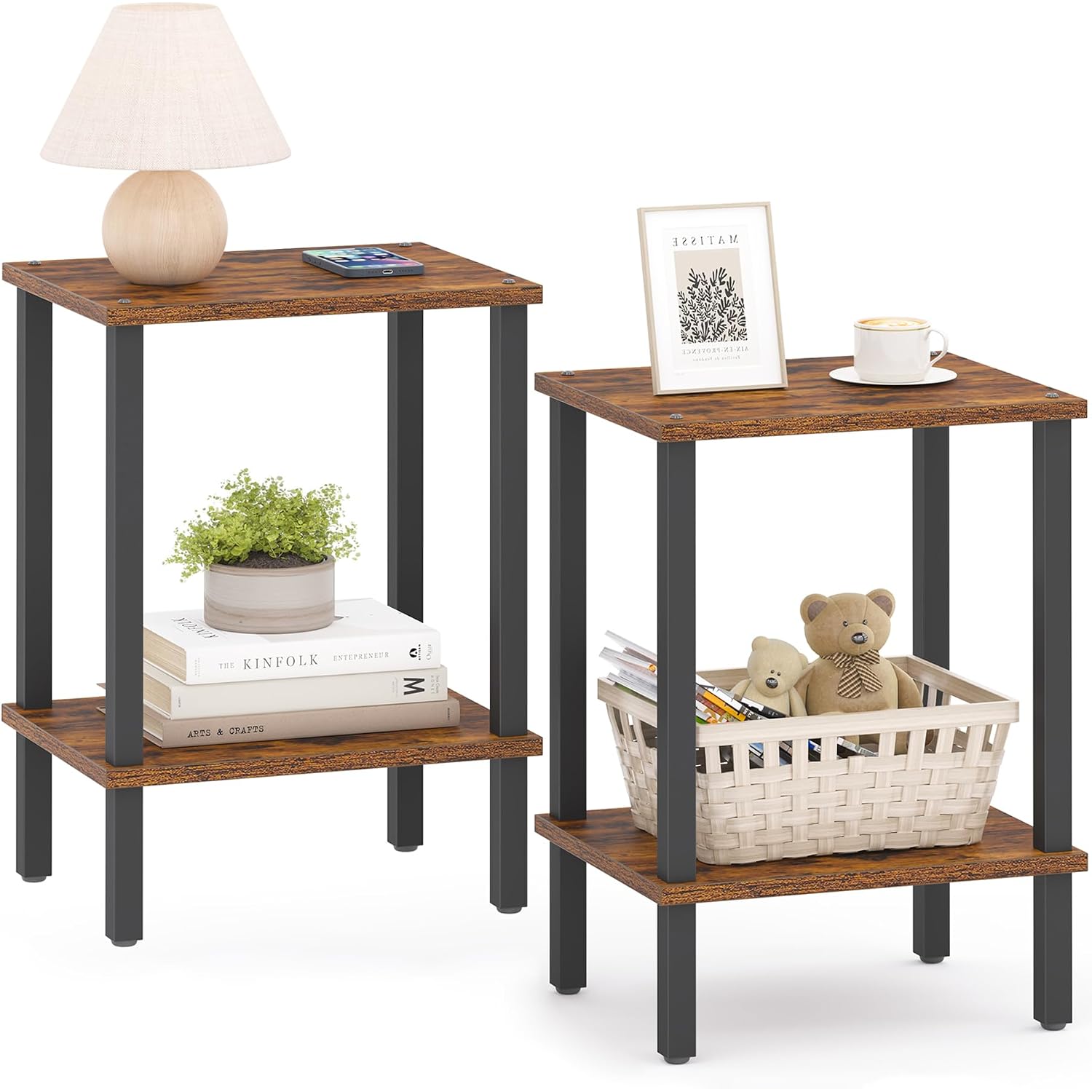 Tutotak End Table, Set Of 2, Side Table, Nightstand, 2-Tier Storage Shelf, Sofa Table For Small Space, Living Room, Bed Room Tb01Bb035