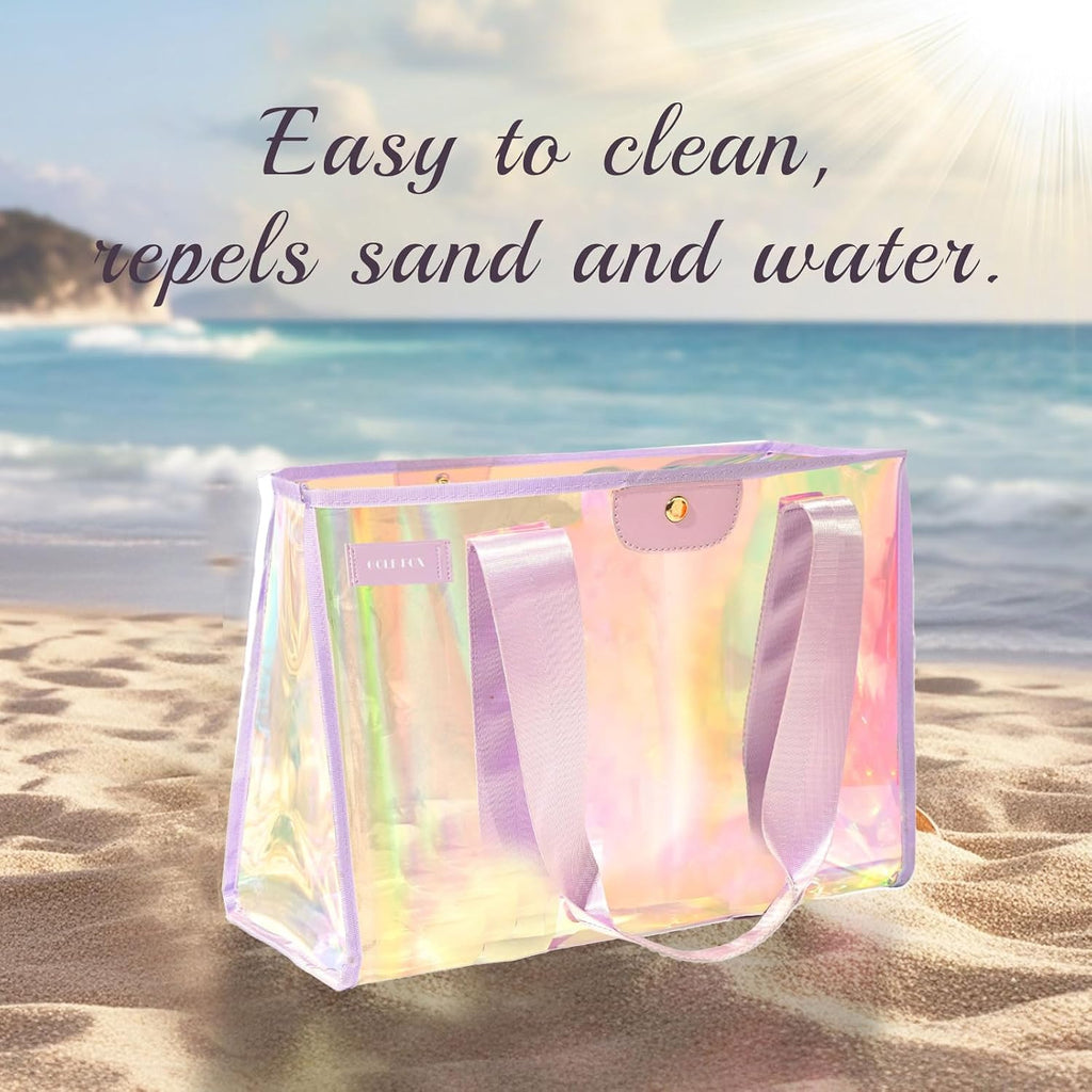 Golffox 2-Piece 26L Iridescent Beach Bag Set - Purple Iridescent Tote Bag With Snap & Pink Tote Bag With Zipper & Waterproof Touchscreen Phone Pouch, Perfect Beach Essentials For Family
