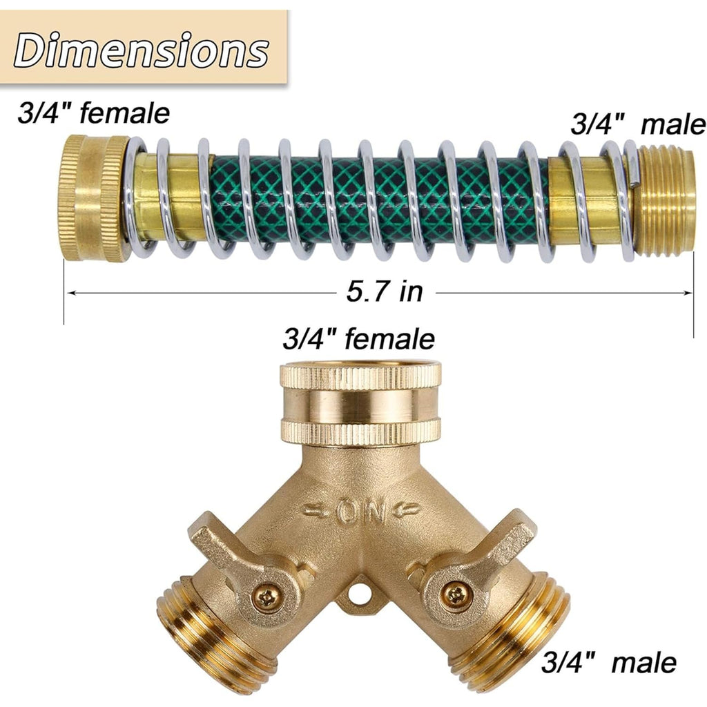 Triumpeek 3/4" Brass 2 Way Hose Splitter, Brass 2 Way Garden Hose Connector With 2 Pcs Garden Hose Coiled Spring Protectors And 6 Rubber Washers