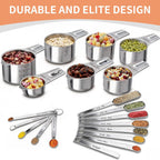 Ewfen Measuring Cups And Spoons Set, 7 Stainless Steel Nesting Measuring Cups & 7 Spoons, 5 Mini Measuring Spoons &1 Leveler, Kitchen Gadgets For Cooking & Baking, Square