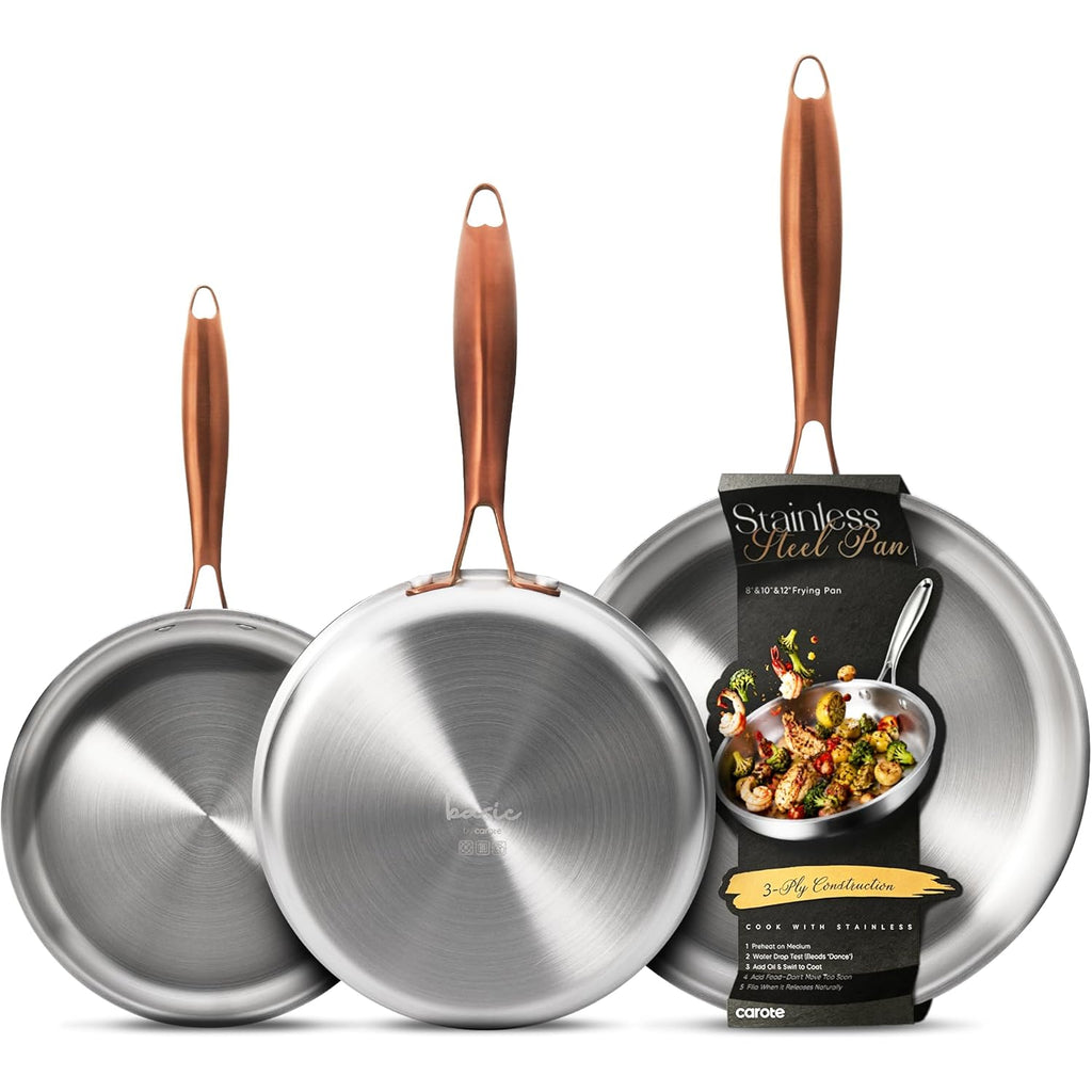 CAROTE 3-Piece Tri-Ply Stainless Steel Frying Pan Set, Skillet Set 8"/10"/12", Induction Compatible, Oven & Dishwasher Safe, Gold Handle, Mothers Day Gifts
