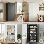 71" Metal Kitchen Pantry Cabinet With Dual Handles & Adjustable Legs, Freestanding Storage Cabinet With Doors And 4 Adjustable Shelves, Tall Food Pantry For Kitchen Dining Room, White