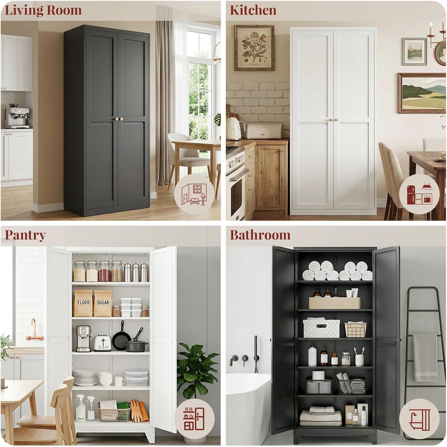 71" Metal Kitchen Pantry Cabinet With Dual Handles & Adjustable Legs, Freestanding Storage Cabinet With Doors And 4 Adjustable Shelves, Tall Food Pantry For Kitchen Dining Room, White