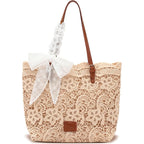 Peicees Small Shoulder Bag With Lace Ribbon For Women- Ladies Beach Boho Purse For Summer Vacation Travel Tote Bag