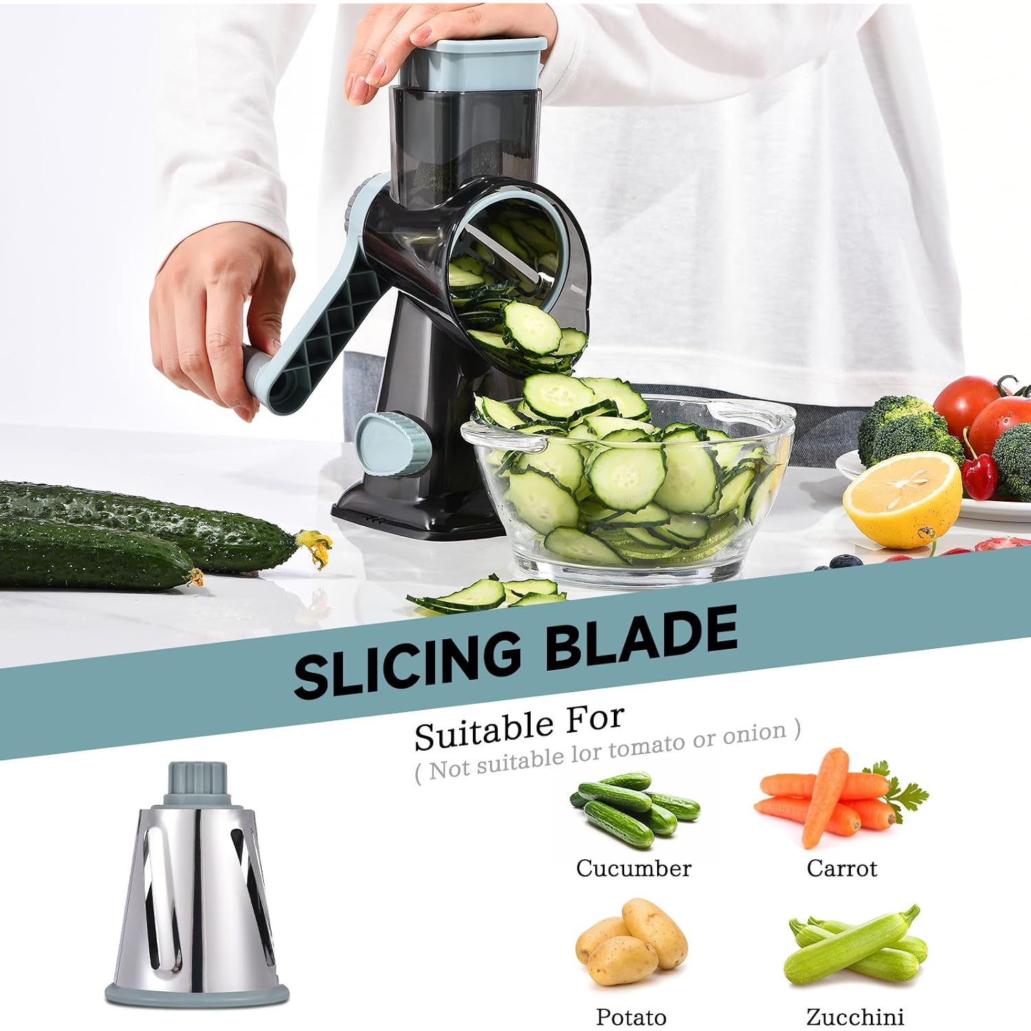 Rotary Cheese Grater With Handle Kitchen Shredder Slicer Grater Slicer Ice Shaver Cheese Vegetable Nuts Potato Zucchini Chocolate 3 Interchangeable Blades (Greyblue