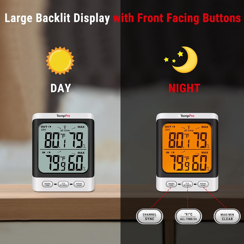 Temppro Tempair 500 Ft Indoor Outdoor Thermometer Wireless With Sensor | 3.3" Lcd Backlit Display, Front Button, Outside Thermometer With Cold-Resistant Sensor For Patio Garage, Batteries Included