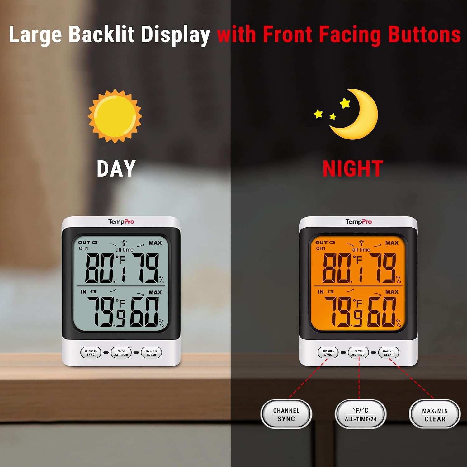 Temppro Tempair 500 Ft Indoor Outdoor Thermometer Wireless With Sensor | 3.3" Lcd Backlit Display, Front Button, Outside Thermometer With Cold-Resistant Sensor For Patio Garage, Batteries Included