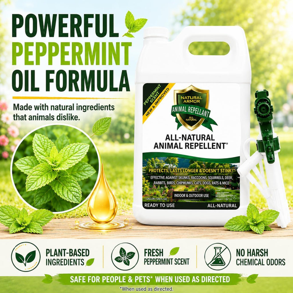 Animal & Rodent Repellent Spray. Repels Skunks, Raccoons, Rats, Mice, Deer Rodents & Critters. Repeller & Deterrent In Powerful Peppermint Formula – 128 Fl Oz Gallon Ready To Use