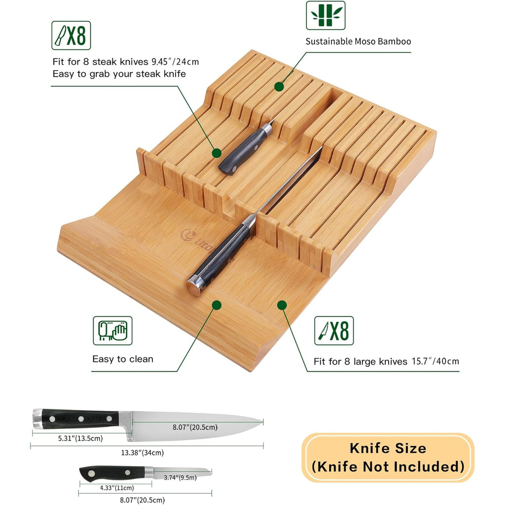 Utoplike In-drawer Knife Block Bamboo Kitchen Knife Drawer Organizer Large, handle Steak knife Holder without Knives, Fit for 16 Knife and 1 Sharpening Steel (Knives & Sharpening Not Included)