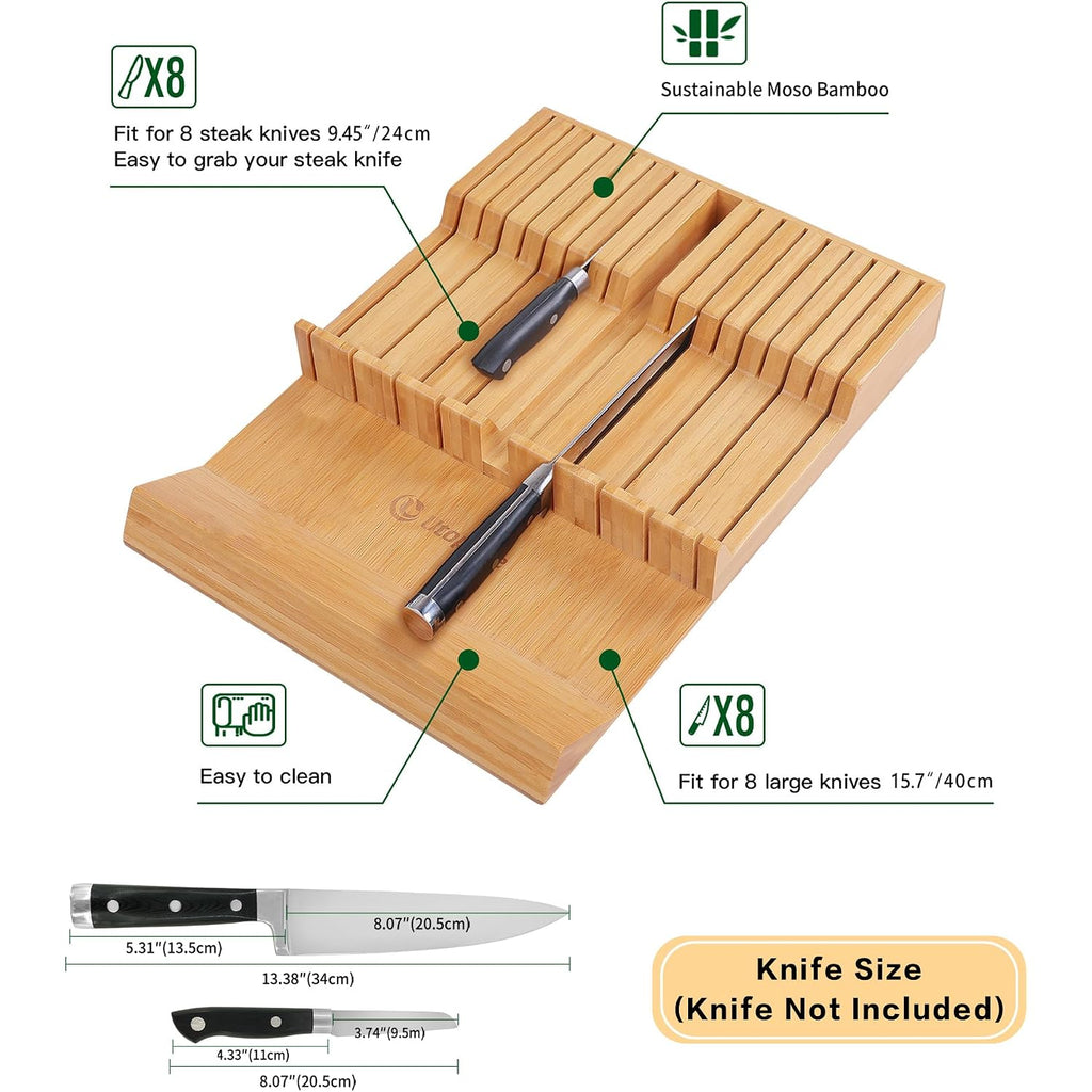 Utoplike In-Drawer Knife Block Bamboo Kitchen Knife Drawer Organizer Large, Handle Steak Knife Holder Without Knives, Fit For 16 Knife And 1 Sharpening Steel (Knives & Sharpening Not Included)