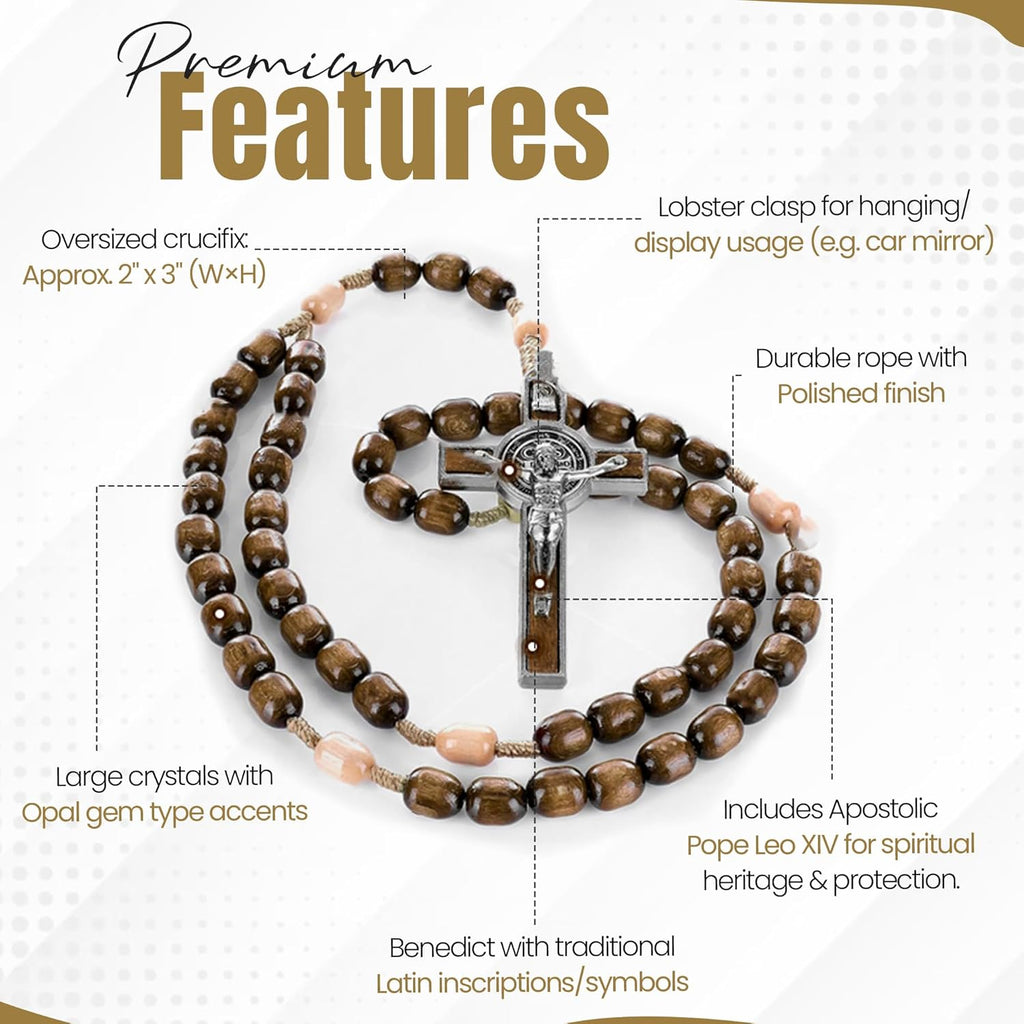 SANCTUM VERITAS Catholic Rosary Necklace | Large Bead Italian Rosary, Christian Prayer Beads for Car Mirror Decor, First Communion Religious Gift for Men and Women, Catholic Keepsake (Walnut Wood)