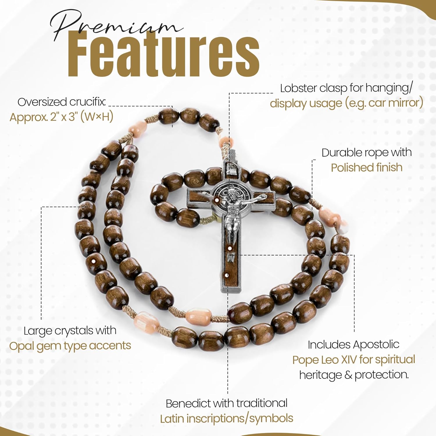 SANCTUM VERITAS Catholic Rosary Necklace | Large Bead Italian Rosary, Christian Prayer Beads for Car Mirror Decor, First Communion Religious Gift for Men and Women, Catholic Keepsake (Walnut Wood)