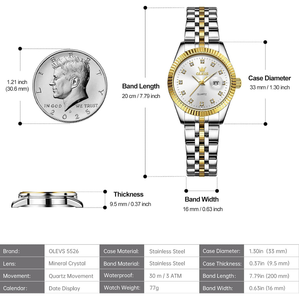 Olevs Women'S Stainless Steel Watch, Luxury Gold Silver Two Tone Easy To Read Analog Quartz Dress Watch For Women, Elegant Waterproof Luminous Calendar Date Ladies Watches For Small Wrists