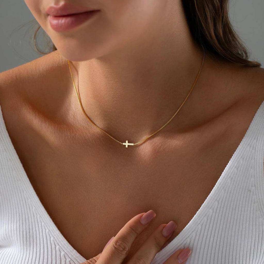 Rotnso Cross Necklace for Women 14K Gold Silver Plated Dainty Small Cross Pendant Choker Simple Trendy Cute Cross Charm Chain Necklace Easter Basket Stuffers Baptism Religious Faith Jewelry Gift