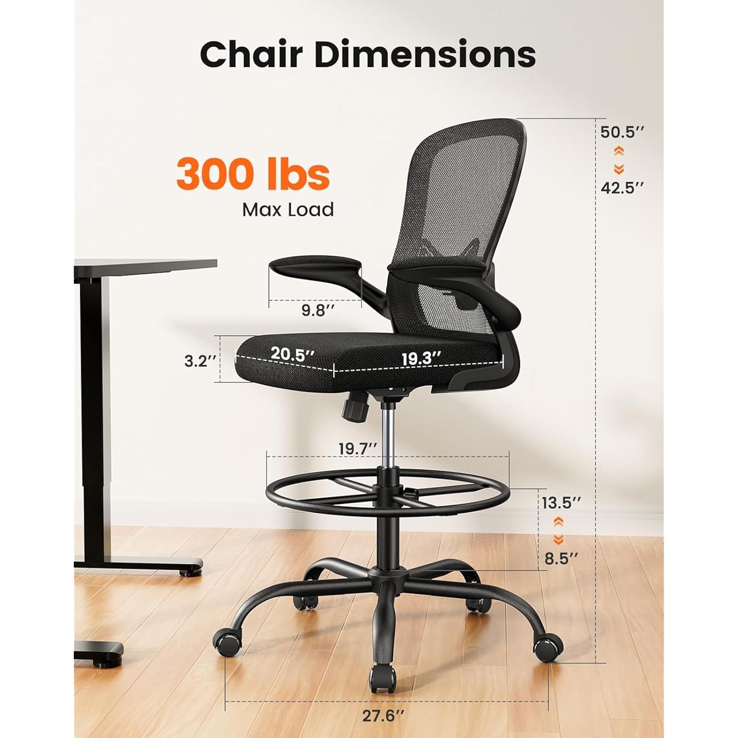 Ergear Drafting Chair, Standing Desk Chair With Flip-Up Armrests, High Desk Chair Adjustable Height, Ergonomic Tall Office Chair With Lumbar Support And Adjustable Footrest Ring