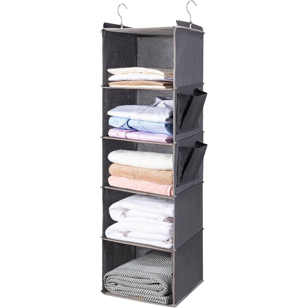 Boomiboo Hanging Closet Organize And Shelves，5-Hanging Shelf With 2 Side Pockets，Storage Foldable （Grey）