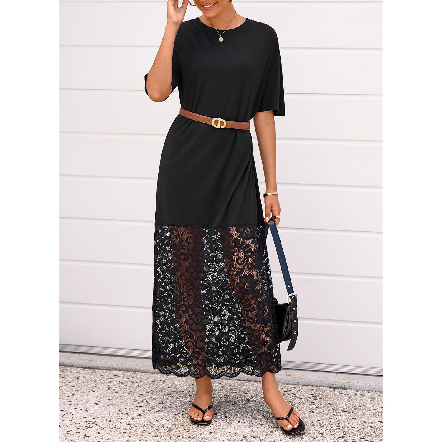 Lolong Womens Short Sleeve Lace Patchwork Maxi Dress Summer 2026 Crew Neck Casual Long Dresses