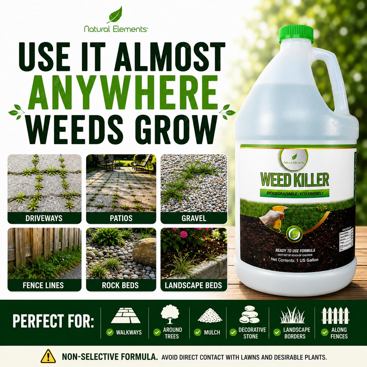 Natural Elements Weed Killer | Pet Safe, Safe Around Children | Natural Herbicide (1 Gallon)