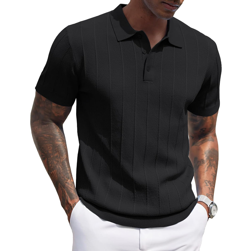Coofandy Mens Knit Polo Shirts Short Sleeve Ribbed Textured Polo Shirt Lightweight Casual Golf Shirts Collared T Shirt
