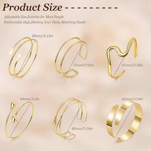 6PCS Gold Arm Cuff Bracelets for Women Upper Armband Open Adjustable Wrist Arm Bangle Bracelets Set Minimalist Thin Stack Coil Swirl Trendy Armlet Jewelry