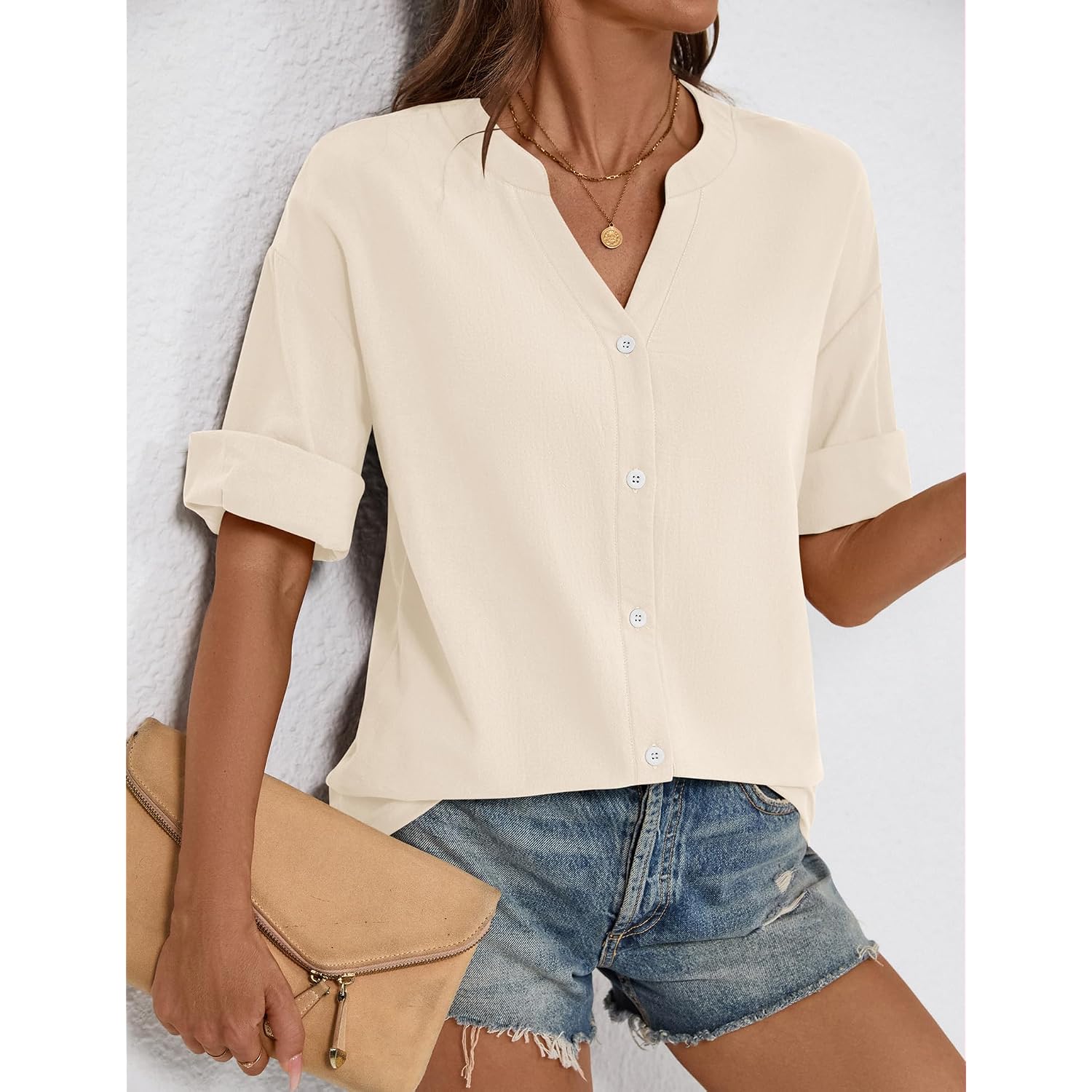 LOMON Womens 3/4 Sleeve Button Down Shirts Cotton Linen Roll Up Short Sleeve Tops V Neck Casual Loose Fit Blouses