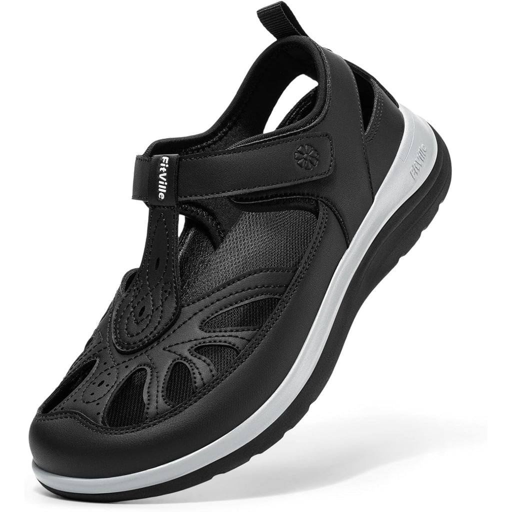 FitVille Extra Wide Womens Orthopedic Walking Sandals with Wide Toe Box, Outdoor Closed Toe Sandals with Adjustable Straps for Women, Arch Support Women's Shoes for Plantar Fasciitis, Swollen Feet