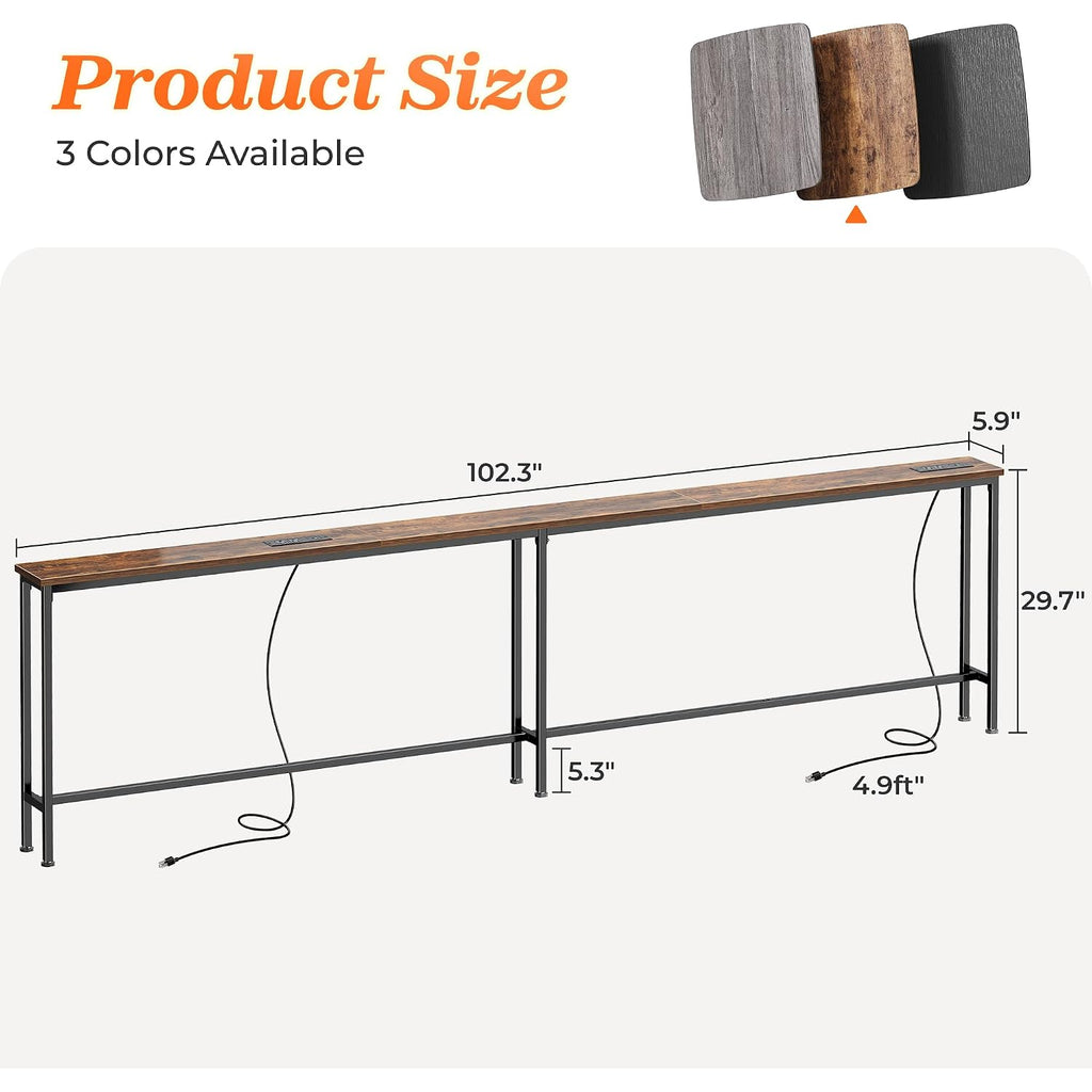 Superjare 102 Inch Sofa Table With 2 Power Outlets And Usb-C Ports, 5.9 Inch Narrow Console Table With Storage, Extra-Long, For Entryway Hallway Couch Behind Sofa, Small Spaces, Rustic Brown