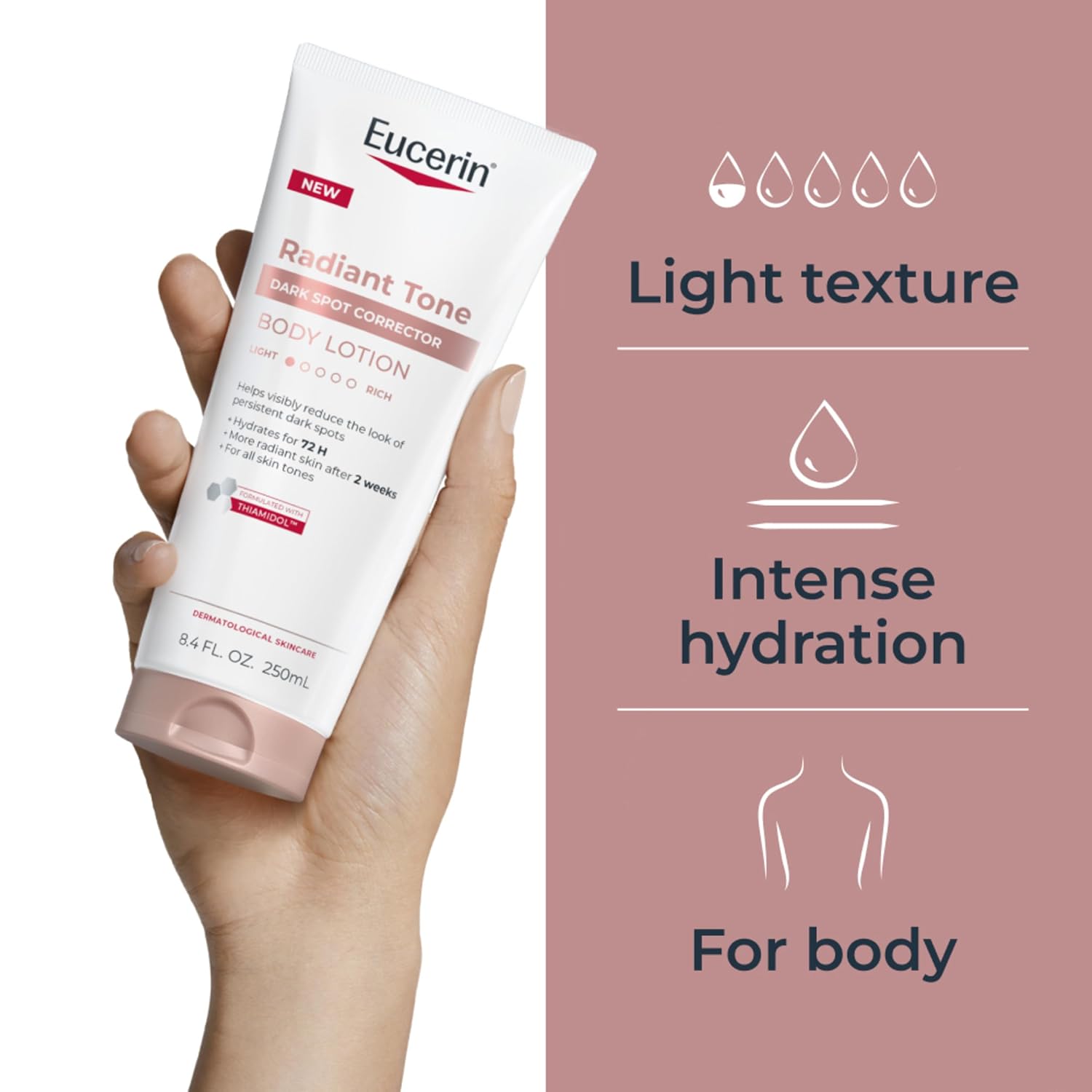 Eucerin Radiant Tone Dark Spot Corrector Body Lotion, Thiamidol Enriched, Exclusive Formula Reduces Dark Spots Due To Sunlight Exposure And Aging, 72 Hours Of Hydration, 8.4 Fl Oz Tube