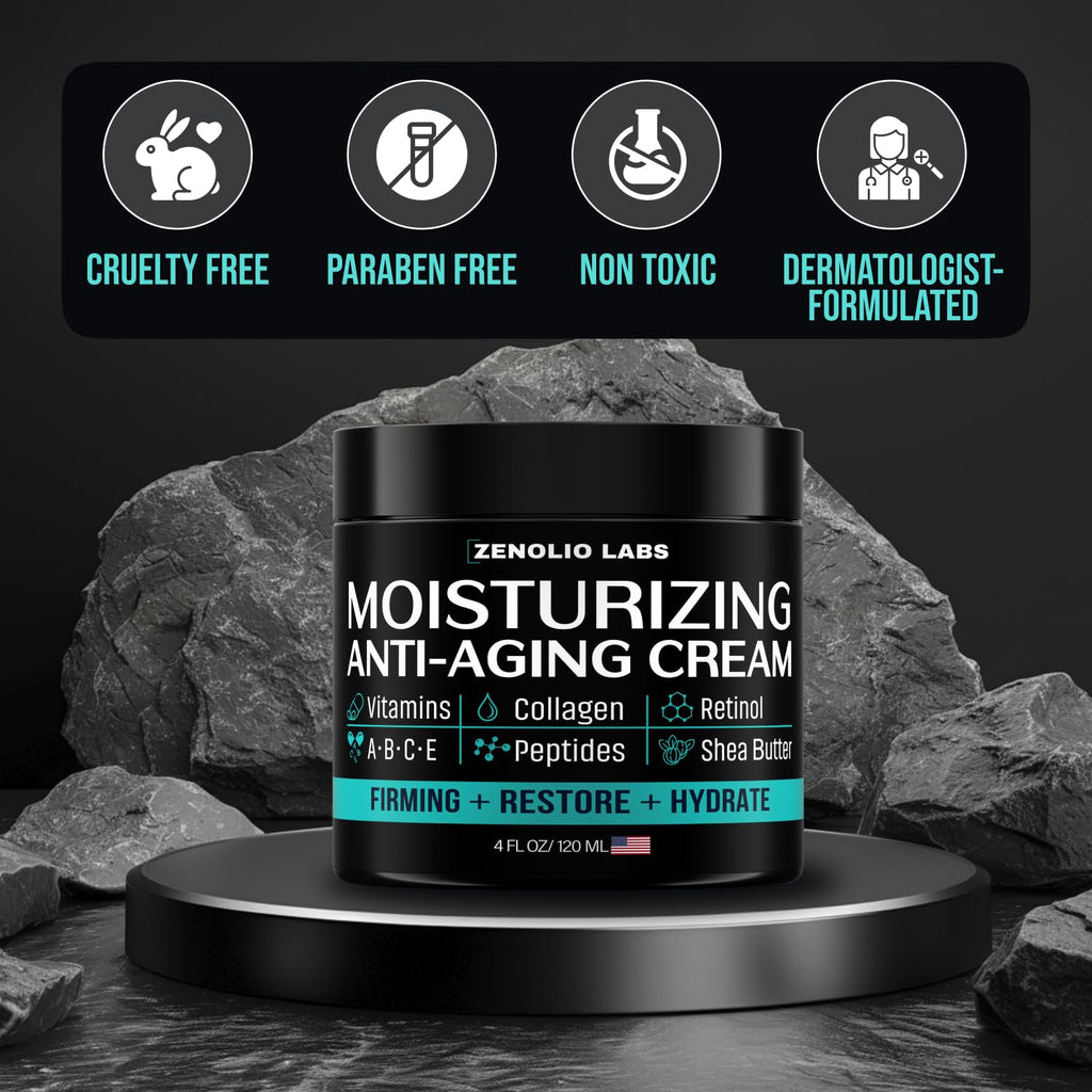 Mens Face Moisturizer Cream - Anti Aging & Wrinkle Face Cream - Mens Facial Moisturizer - Retinol, Collagen, Peptides, Vitamins E & A - Facial Skin Care - After Shave Lotion - Day & Night – 4 Oz
