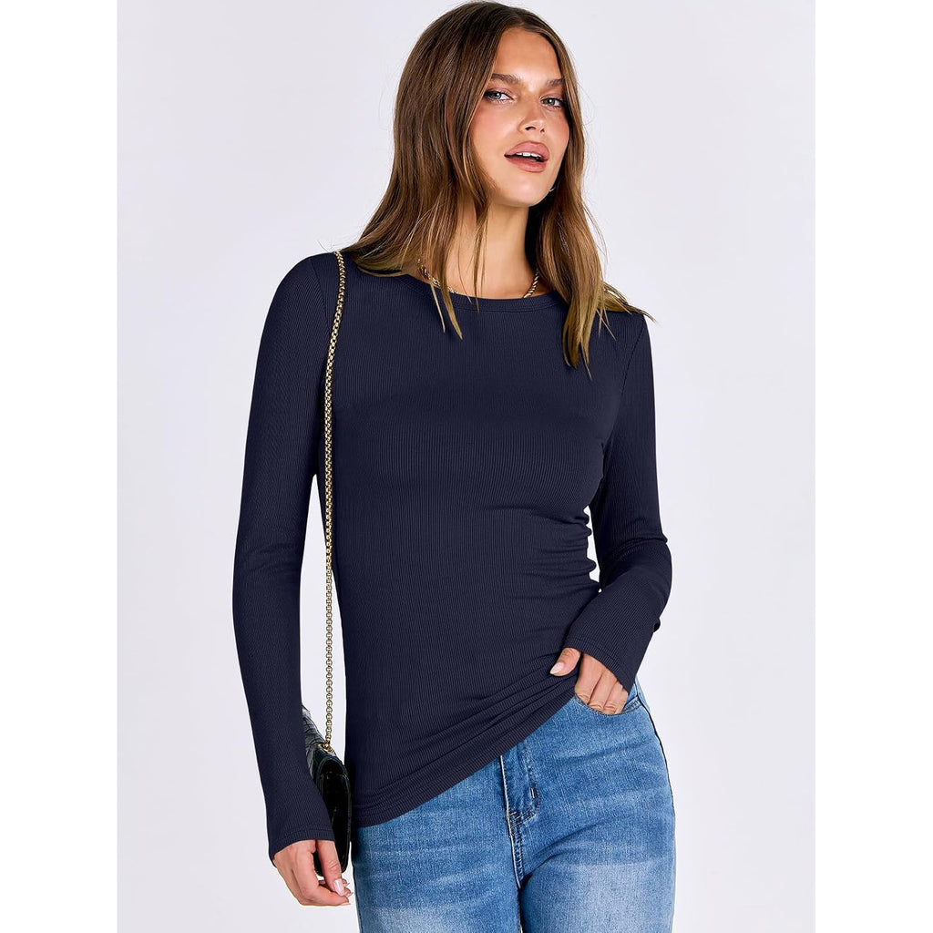 ANRABESS Women Long Sleeve Shirts Rib Knit Slim Fit Tops Basic Tee Spring Outfits Casual T-Shirt Underscrubs Layer Clothes