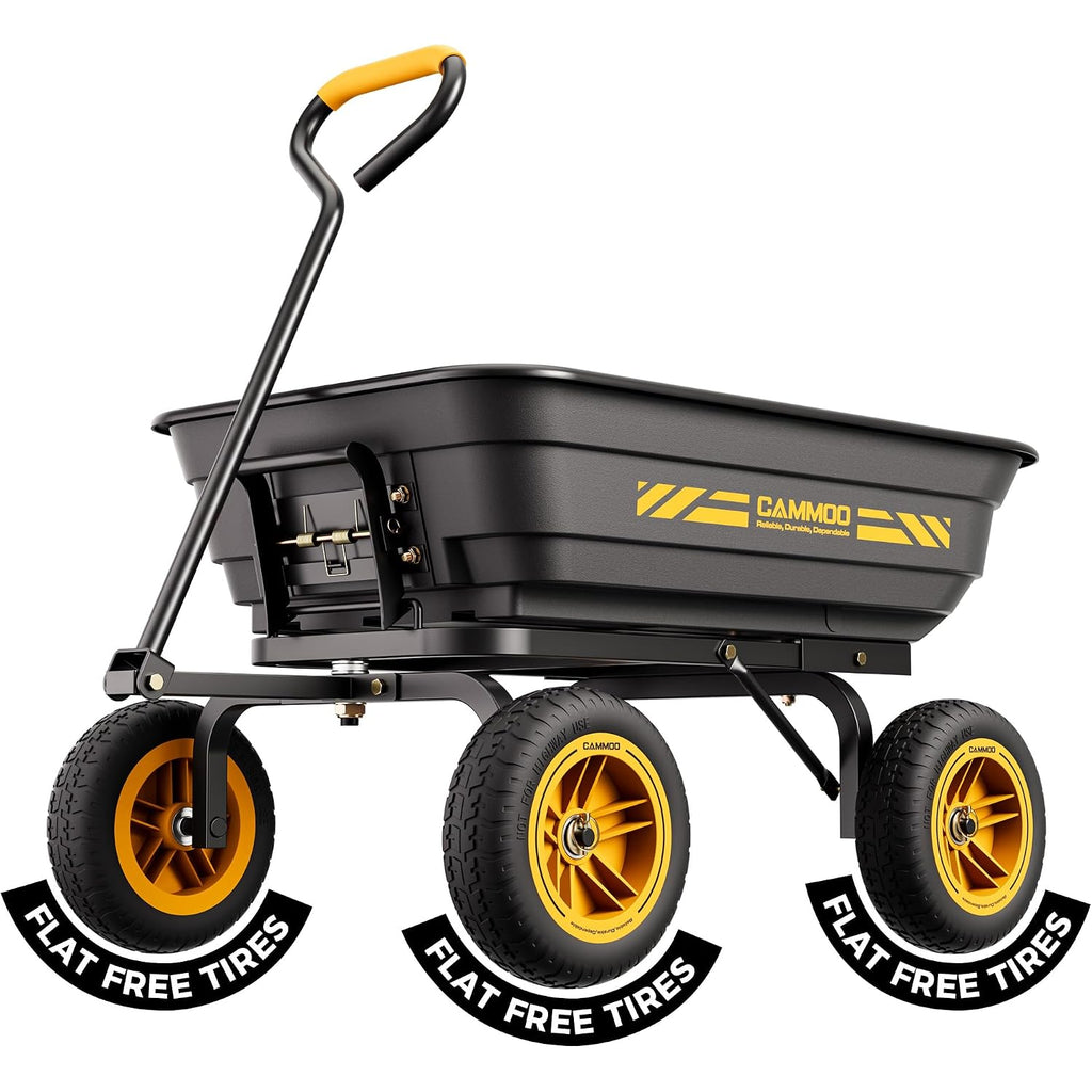 Cammoo 10-In No-Flat Tires 600Lb Heavy-Duty Garden Dump Cart 4 Cu.Ft. Utility Wagon With Quick-Release Dumping & Prime Grade 100% Virgin Polypropylene - Not Recycled Material For Landscaping Gardening
