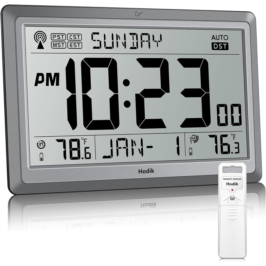Atomic Wall Clock With Indoor Outdoor Temperature, 10.5 Inch Digital Wall Clock Battery Operated, Dst, 12/24 Hour For Living Room Bedroom (Silver)
