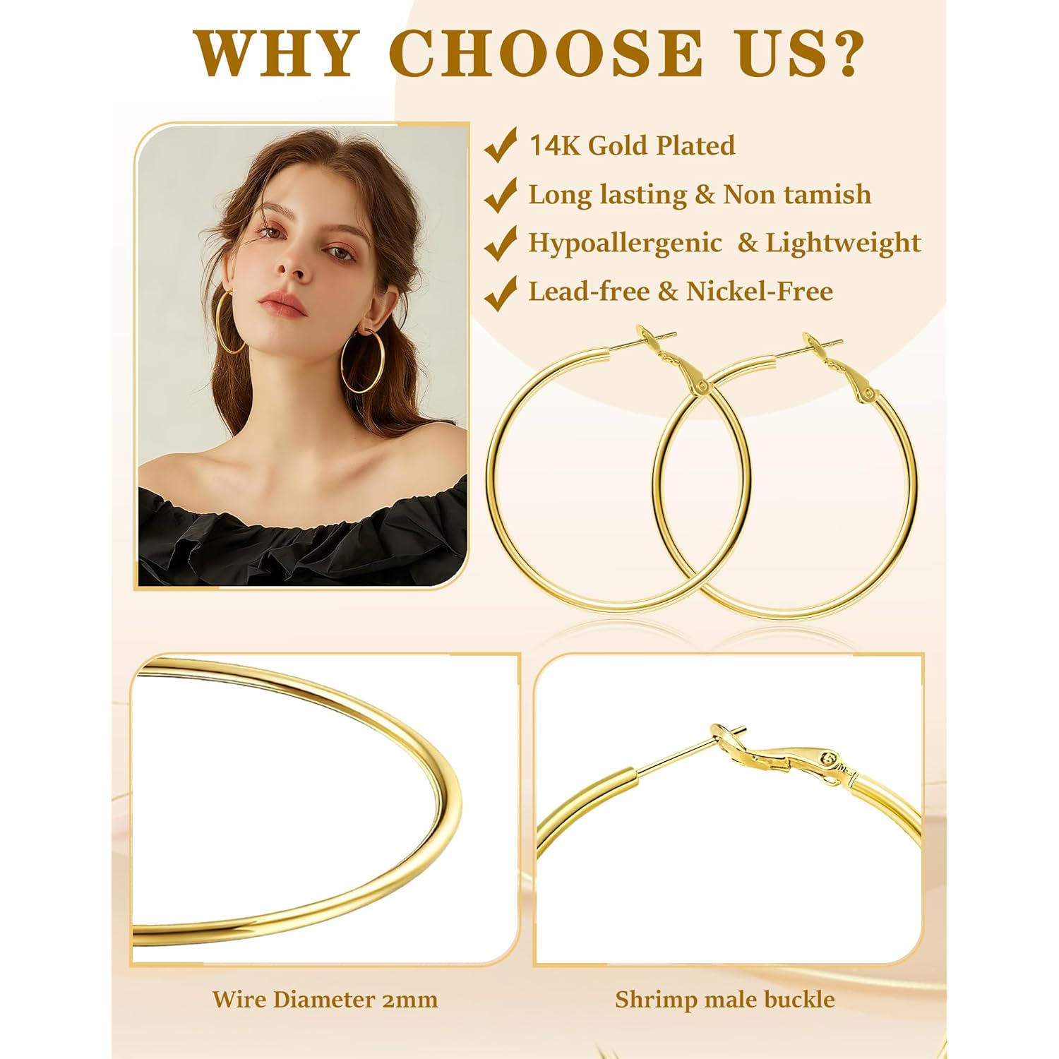 4 Pairs Silver Gold Hoop Earrings for Women 30/40/50/60 mm Stainless Steel 14K Gold Plated Hoop Earrings Hypoallergenic Big Thin Lightweight Dangle Set