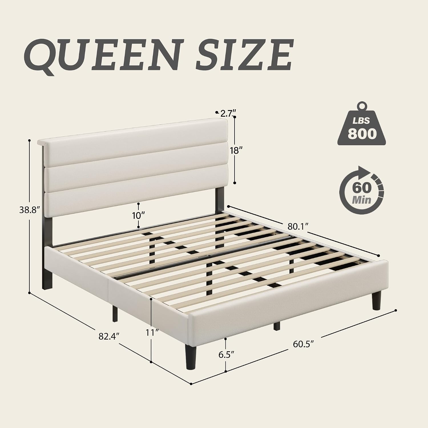 Queen Bed Frame, Platform Bed Frame With Velvet Upholstered Headboard, No Box Spring Needed, Sturdy Metal Support, Noise Free, Easy Assembly, Modern Bedroom Furniture, Beige