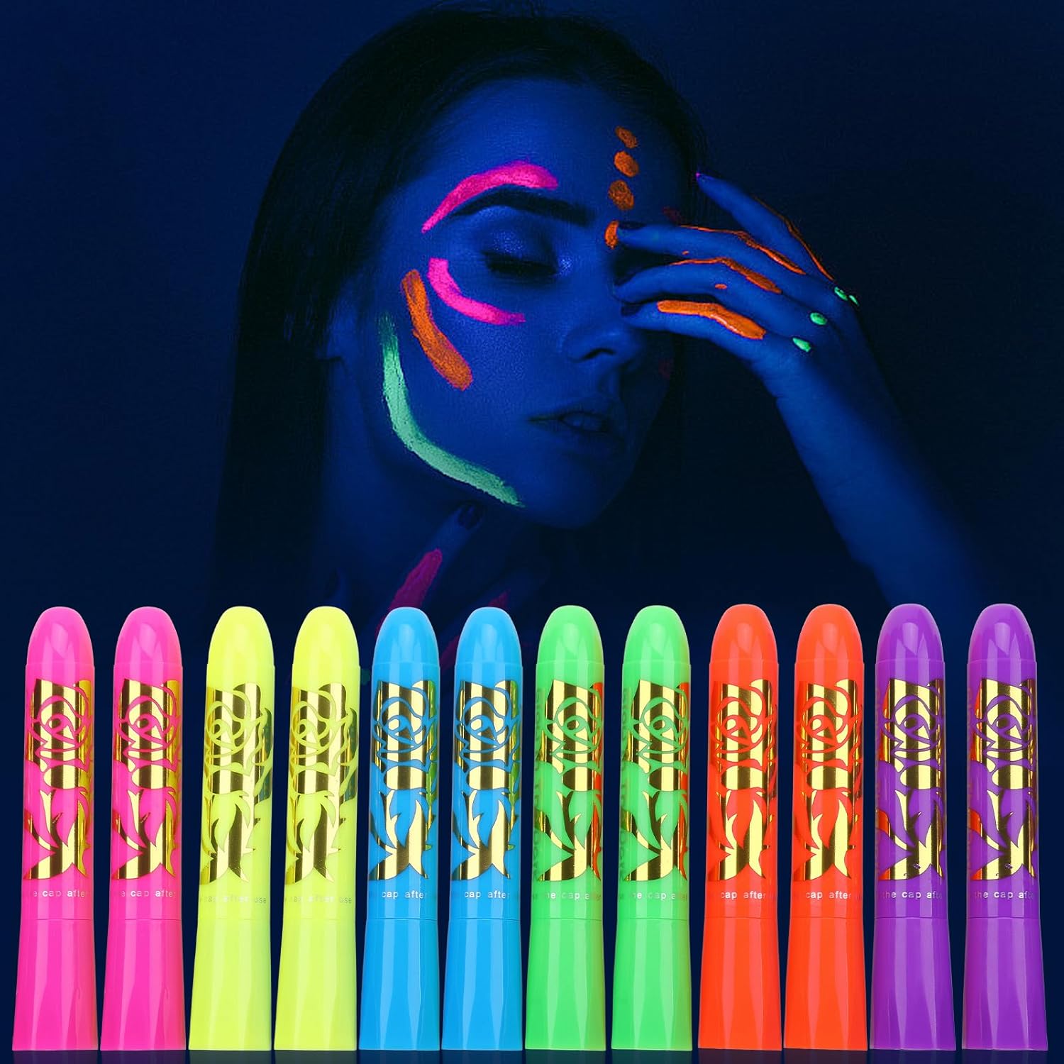 12 PCS Glow Face & Body Paint, Glow in the Blacklight Makeup Neon Face Paint for Halloween Birthday Party