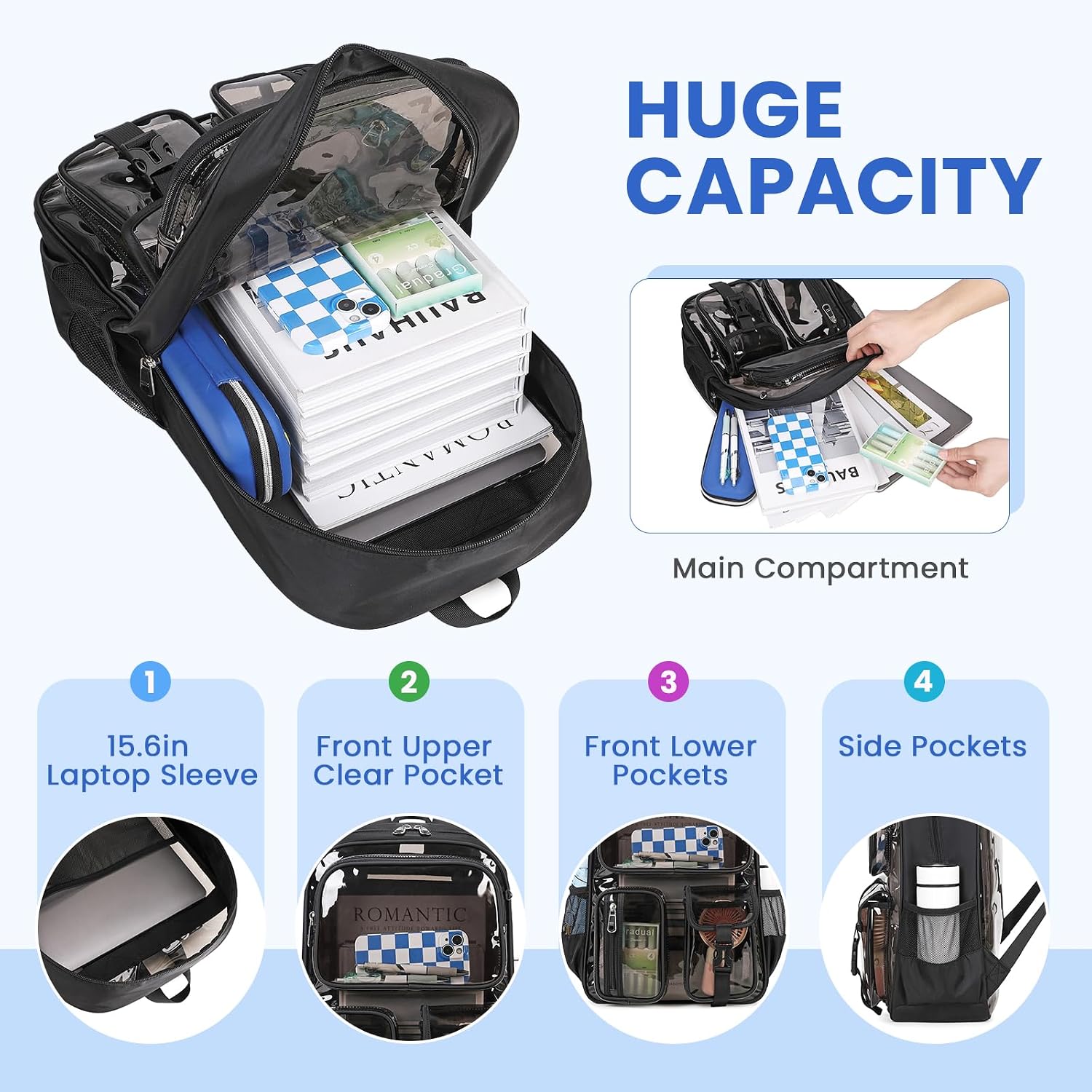 Musevos Clear Backpack For School, Heavy Duty Clear Bookbag For Girls Boys Transparent Backpack With Badge Holder, Semi-Black