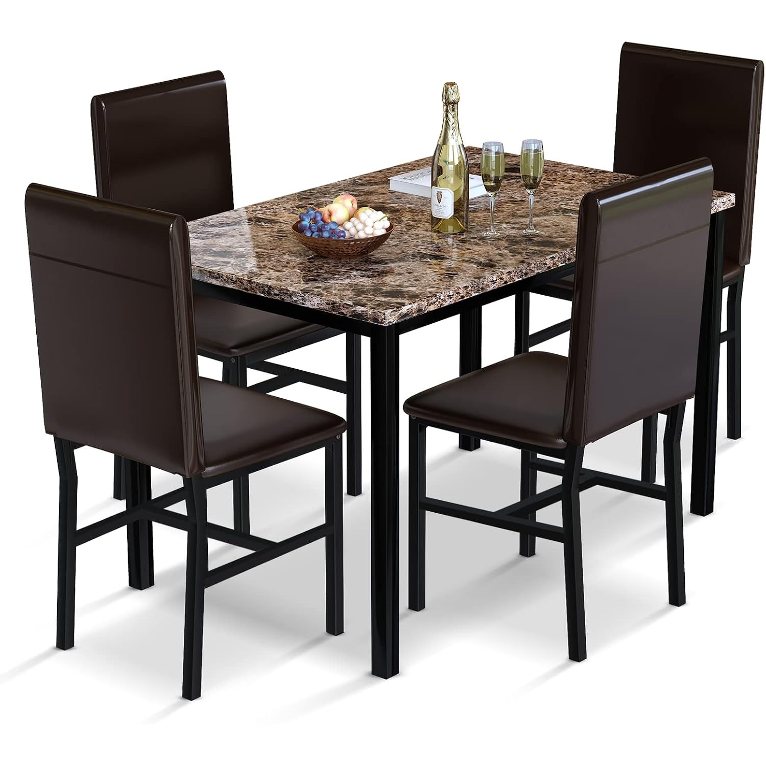 Awqm 5 Piece Dining Table Set For 4,Faux Marble Kitchen Table And Chairs For 4, Modern Dining Room Table With 4 Chairs,Dinner Table Set For Small Spaces, Brown