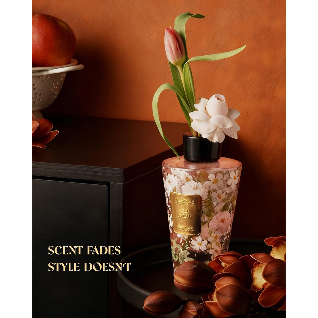 M&Sense Rose Amber Reed Diffuser Set - 8.79Fl Oz Home Fragrance Non-Toxic Essential Oil Diffuser With All Natural Sticks, Air Freshner Gifts For Bathroom Bedroom Office Home Decor