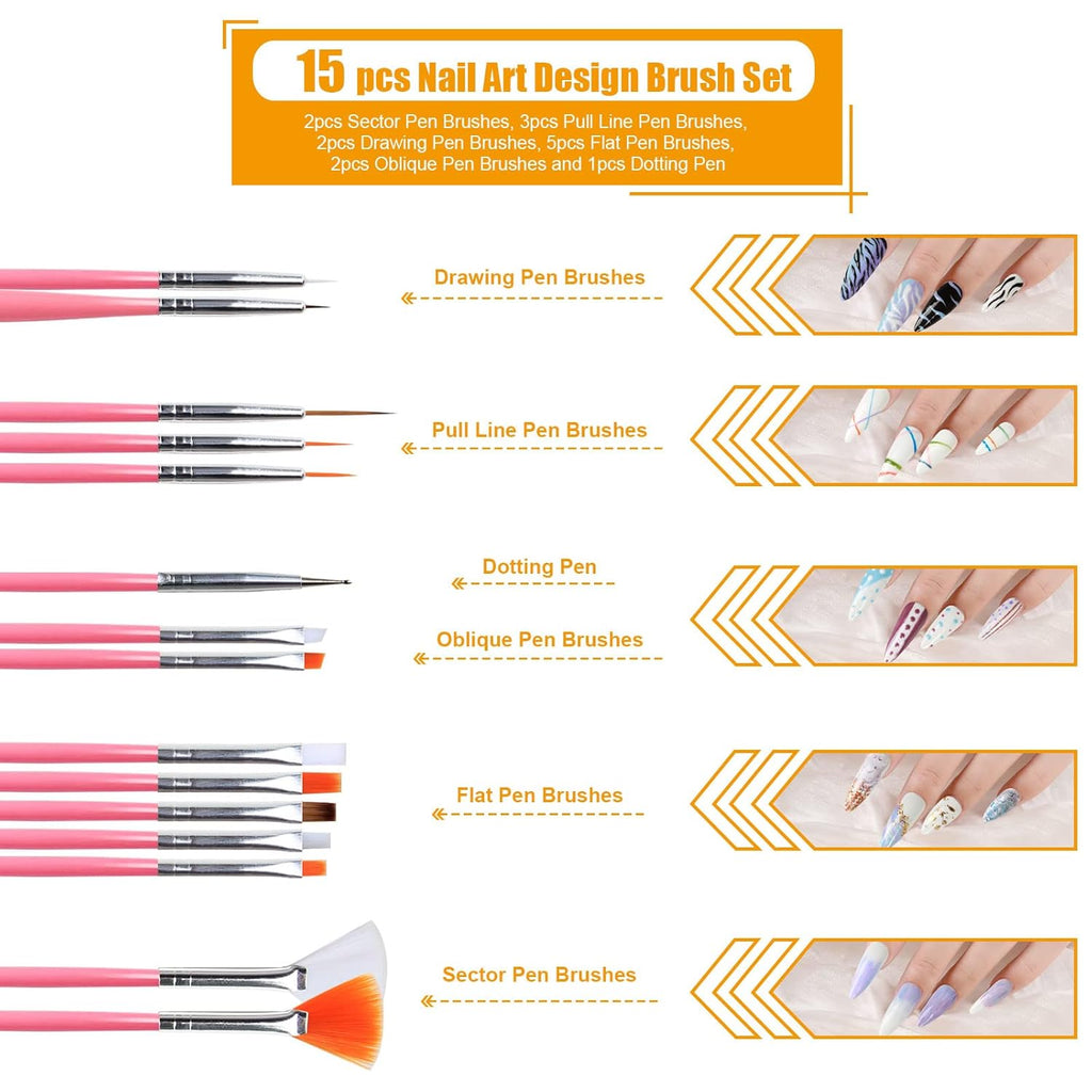 Teenitor Nail Pen Designer, Stamp Nail Art Tool with 15pcs Nail Painting Brushes, Nail Dotting Tool, Nail Foil, Manicure Tape, Color Rhinestones for Nails Pink
