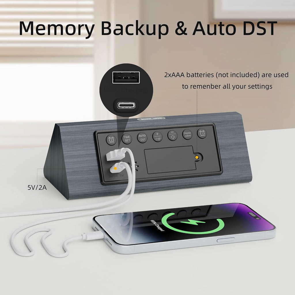Solid Wood Digital Alarm Clock For Bedroom - 8.8 Inch Large Display, Multicolor Backlight Time Display, Dual Alarms, Date/Temp/Day, Dst, Snooze, Black